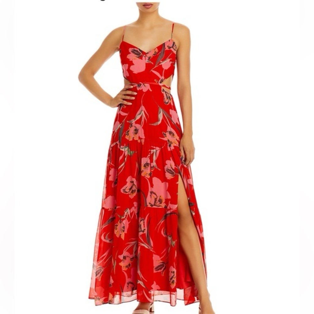 Milly Red and White Asymmetrical Ruffled Maxi Dress